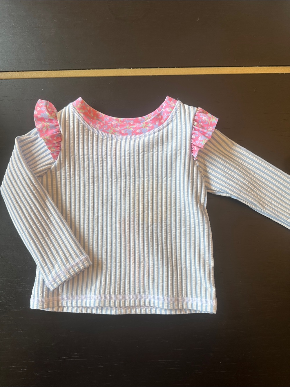 Ruffle Butts White Ribbed Long-Sleeve Top with Pink Floral Ruffles NWT